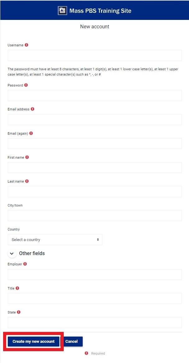 New Account Fields with "Create my new account" button highlighted in red